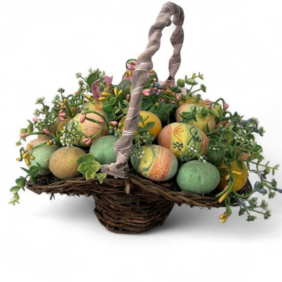 Easter Basket Filled  Eggs Floral Greenery Wicker Hat Table Decor Centerpiece - Picture 5 of 6